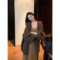 批发美拉德复古咖色毛衣<b class='q'>外套女</b>秋冬慵懒高级感宽松中长款针织开衫上衣