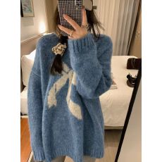 批发复古蝴蝶结绣花<b class='q'>毛衣</b>女秋冬季宽松慵懒风圆领蓬松软糯套头打底上衣