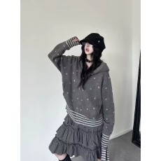 批发古早感复古条纹波点<b class='q'>针织</b>外套女宽松圆领拉链<b class='q'>开衫</b>百搭休闲