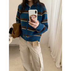 批发复古提花条纹连帽针织开衫女高级感宽松长袖软糯百搭拉链<b class='q'>毛衣</b>外套