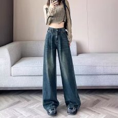 批发直筒牛仔裤女<b class='q'>春</b>秋夏季2024年新款时尚潮流高腰宽松设计感阔腿裤子