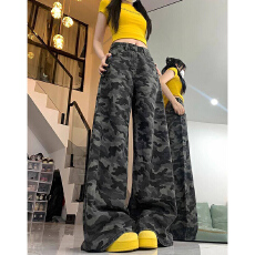 批发个性高街韩版工装迷彩阔腿牛仔裤女垂感<b class='q'>时尚</b>显瘦宽松拖地牛仔裤潮