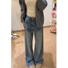 批发满天星烫钻牛仔裤高腰牛仔裤女春秋季新款显瘦宽松<b class='q'>时尚</b>拖地牛仔裤
