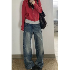 批发高街美式通勤阔腿高腰牛仔裤女春秋季新款宽松显瘦<b class='q'>时尚</b>直筒牛仔裤