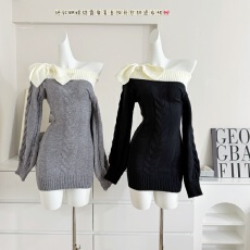 莉莉丝 vintage一字肩拼色复古包臀裙 毛衣显瘦收腰