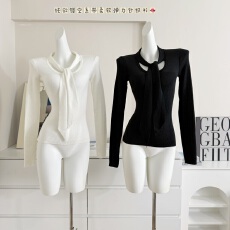 批发unoone 冷都女 高智感飘带半透修身<b class='q'>针织衫</b>女秋冬长袖内搭T恤上衣