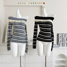 批发叶子 YEZIYZZ 清冷感撞色条纹一字肩针织衫女<b class='q'>秋冬</b>木耳边拼接毛衣