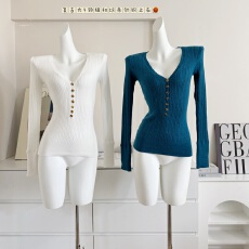 批发BM<b class='q'>新款</b>复古V领纽扣亨利衫上衣bm秋冬针织休闲显瘦打底百搭长袖T恤