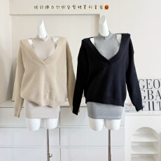 批发白水女 智性姐姐 深V领毛衣女冬设计感韩系温柔宽松显瘦保暖上衣