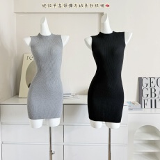 批发卡戴珊同款漫画身材0束缚半高领无袖针织背心包臀纯欲针织<b class='q'>连衣裙</b>