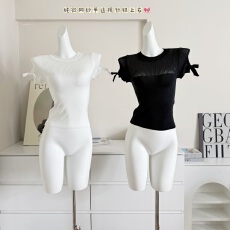 批发Tongiiuu 薇妮少女 圆领镂空蝴蝶结针织短袖T恤女修身显瘦上衣夏