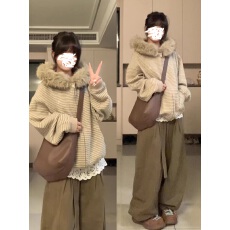 批发美式复古拉链条纹毛领<b class='q'>卫衣</b>女春秋宽松连帽<b class='q'>开衫</b>百搭休闲慵懒风外套