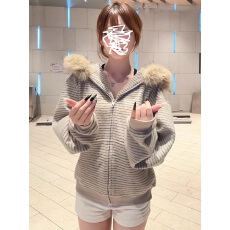 批发美式复古条纹连帽拉链<b class='q'>卫衣</b>外套女秋冬高级感宽松毛领<b class='q'>开衫</b>上衣