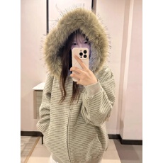 批发美式复古拉链条纹毛领<b class='q'>卫衣</b>女秋冬宽松连帽<b class='q'>开衫</b>百搭休闲慵懒风外套