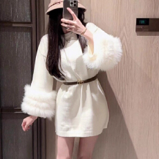 批发秋冬时尚毛毛拼接长袖针织连衣裙宽松显瘦毛衣打底裙+腰带两件套