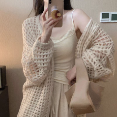 批发法式镂空针织开衫女秋冬薄款外搭空调外套防晒中长款别致绝美上衣