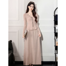 批发2025秋冬装新款立体v领毛衣开衫女+针织垂感<b class='q'>长裙</b>慵懒风两件套