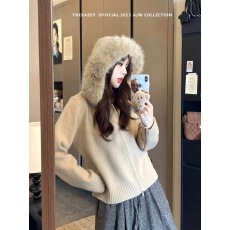 批发韩系慵懒毛领连帽毛衣开衫外套女秋冬新款宽松显瘦软糯针织衫