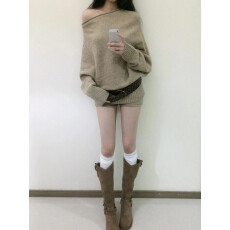 批发斜肩长袖毛衣套装女装秋季宽松慵懒高级感针织短裤上衣两件套