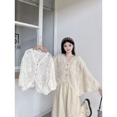 批发新品2025年春秋季新款洋气v领钩花镂空开衫<b class='q'>蕾丝</b><b class='q'>罩衫</b>长袖韩版宽松