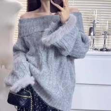 高级感一字肩毛毛袖套头毛衣女秋冬慵懒风外穿软糯绝美洋气上衣