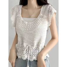批发韩系花镂空短袖针织衫吊带叠穿<b class='q'>蕾丝</b><b class='q'>罩衫</b>小飞袖上衣