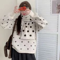 批发撞色波点圆领毛衣套头加厚保暖带围巾慵懒风针织上衣