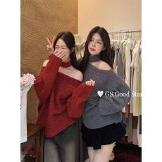 批发韩系一字肩挂脖毛衣<b class='q'>宽松</b>蝙蝠袖针织衫松弛感内搭红色上衣