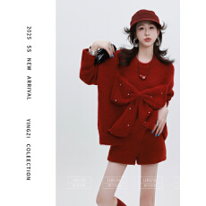 批发2026韩版氛围感女蝴蝶结小众两件套冬季新款+显瘦短<b class='q'>裤</b>套<b class='q'>装</b>