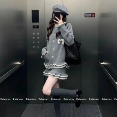 批发韩系学院风灰色假两件针织开衫<b class='q'>毛衣</b><b class='q'>荷叶边</b>半身裙两件套
