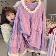 批发圣诞<b class='q'>新款</b>法式慵懒风立体蕾丝边花朵V领上衣+半身裙两件套套装