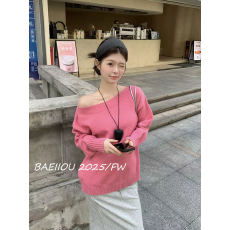 批发港味风格松驰感露肩斜领毛衣女春秋冬新款小众宽松长袖针织衫上衣