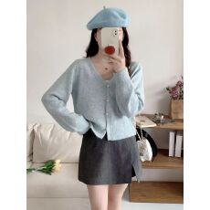 批发韩版新款简单春秋短款<b class='q'>针织</b>打底衫女<b class='q'>开衫</b>毛衣外套v领长袖百搭上衣