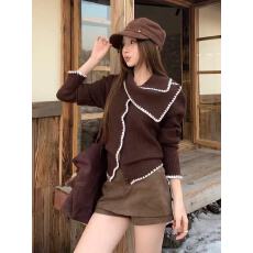 批发法式小香风撞色围巾领毛衣慵懒风短款长袖<b class='q'>针织</b><b class='q'>开衫</b>