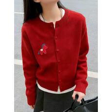 批发红色小马开衫红色春冬新款圆领<b class='q'>外套</b>毛衣上衣宽松针织<b class='q'>女装</b>