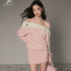 批发新年的秋冬裙子针织一字肩打底短款连衣裙新款连体短裙女装