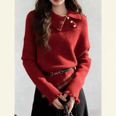 批发新年红色<b class='q'>不规则</b>翻领毛衣女秋冬季蝙蝠袖软糯<b class='q'>针织衫</b>