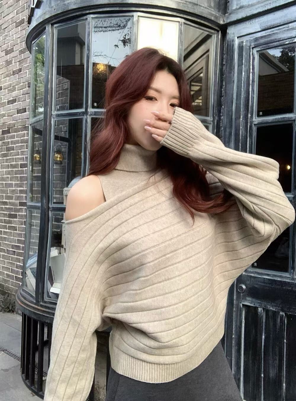 한 부서 작은 심장 기계 오프숄더 겨울 맨위 여성 터틀넥 조끼 긴팔 니트 스웨터 투피스 세트