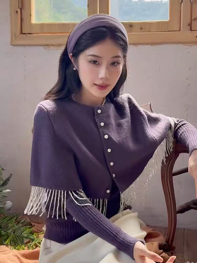 작은 샤넬 스타일 술 숄 스웨터 여자 가을 겨울철 나비 매듭 고급 센스 고유 한 아름다운 인사이드 가져 가라. 만나는 니트 스웨터