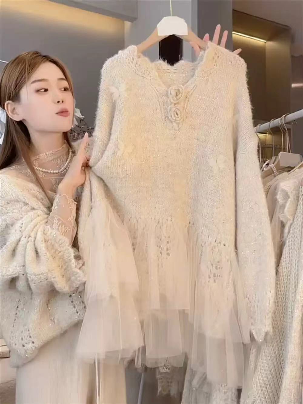 레이스 실 패치워크 3 차원 꽃 스웨터 맨위 Chic 살구 색상