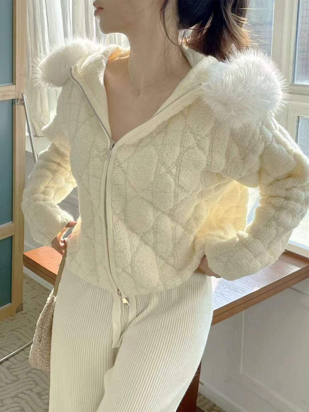 한 부서 링 그리드 부드러운 찹쌀 후드 모피 칼라 스웨터 짧은 외투 루즈핏 보온 맨위 면 의류