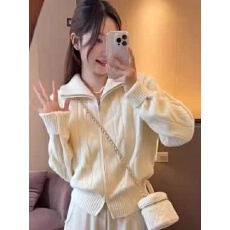 批发韩系高领双拉链针织开衫新款小个子显瘦麻花毛衣短外套