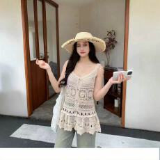 批发镂空钩花朵荷叶边衣摆吊带娃娃衫背心上衣女