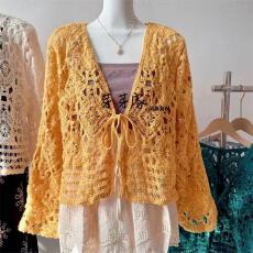 批发波西米亚度假风钩花镂空针织开衫女春<b class='q'>夏</b>新款系带短款外搭上衣罩衫