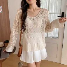 批发镂空长袖防晒针织衫t恤女薄款波西米亚上衣外搭罩衫