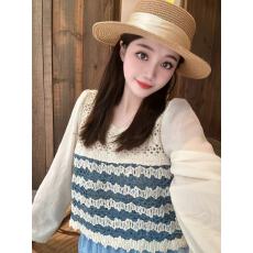 批发设计感小众钩花镂空刺绣拼接雪纺长袖衬衫女小个子短款上衣