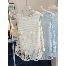 批发镂空针织<b class='q'>罩衫</b>坎肩白色吊带工字背心女外穿夏套装无袖上衣新款套装