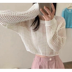 批发韩系温柔风短款镂空针织长袖<b class='q'>罩衫</b>夏秋季女装百搭显瘦薄上衣