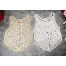 批发美拉德复古圆领镂空无袖针织衫女装夏季新款甜辣妹流苏吊带小背心