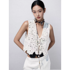 批发棉线重工珠子系带蝴蝶结开衫马甲夹<b class='q'>欧美风</b>V领无袖背心